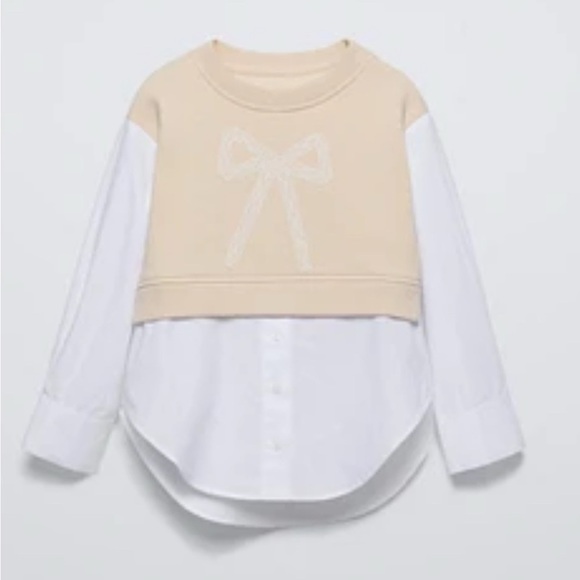 Zara girls shirt with bow Long sleeve shirt with a round neck and button sz13-14 - Picture 1 of 6